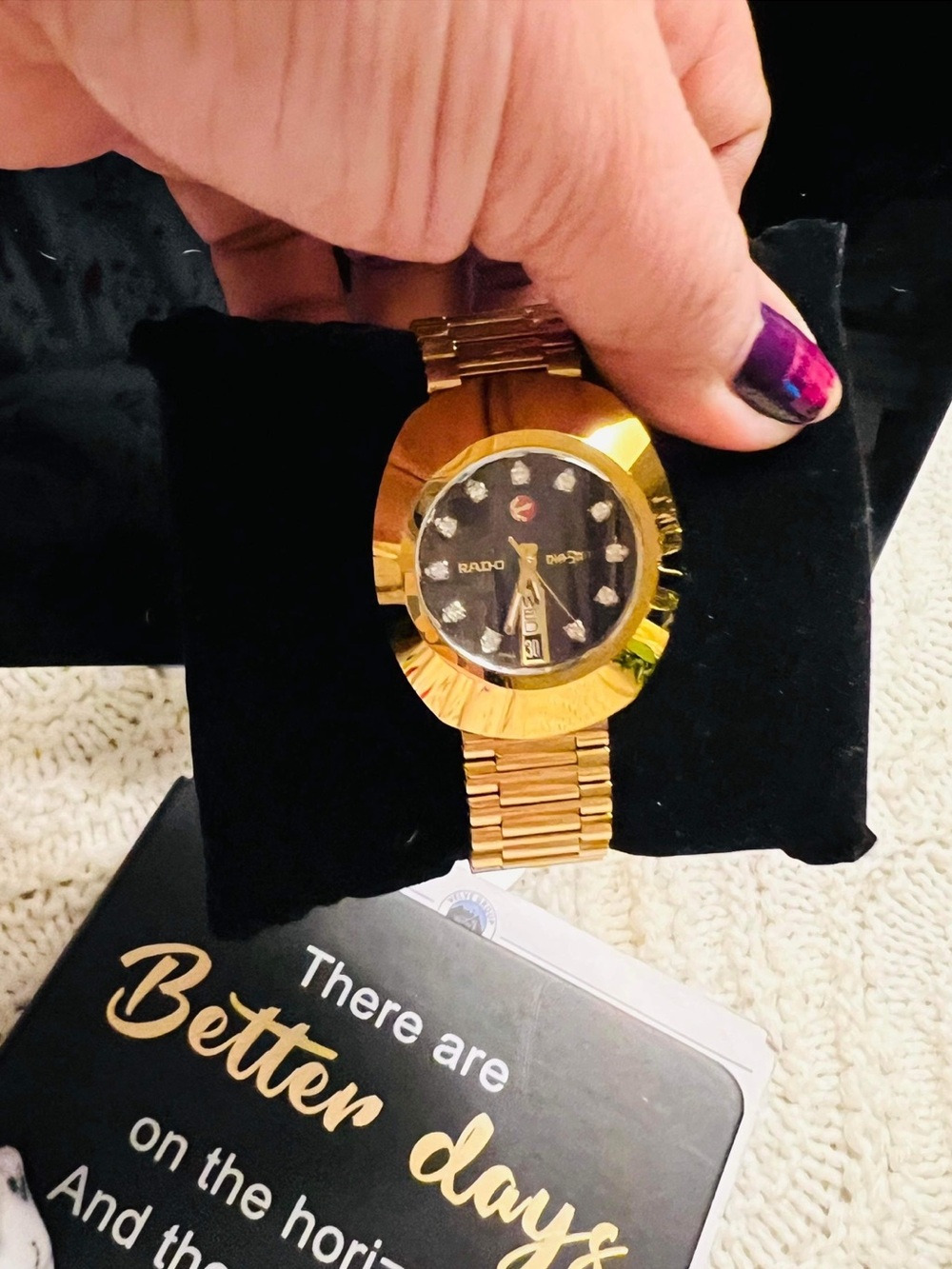Rado Women's Gold Bracelet Watch with Black Dial and Crystal Markers
